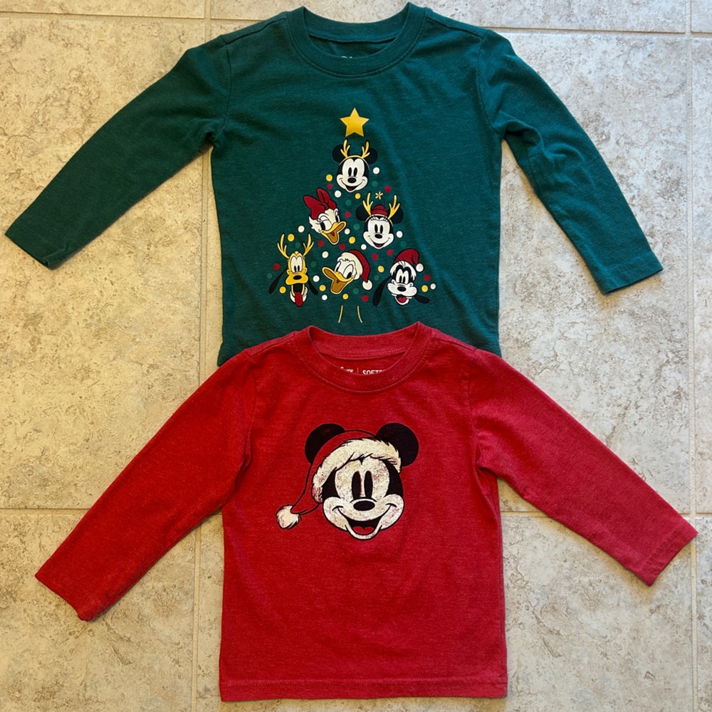 Jumping Beans Disney Christmas Long-Sleeve Mickey, T-Shirt Bundle, Size 24M, 2T